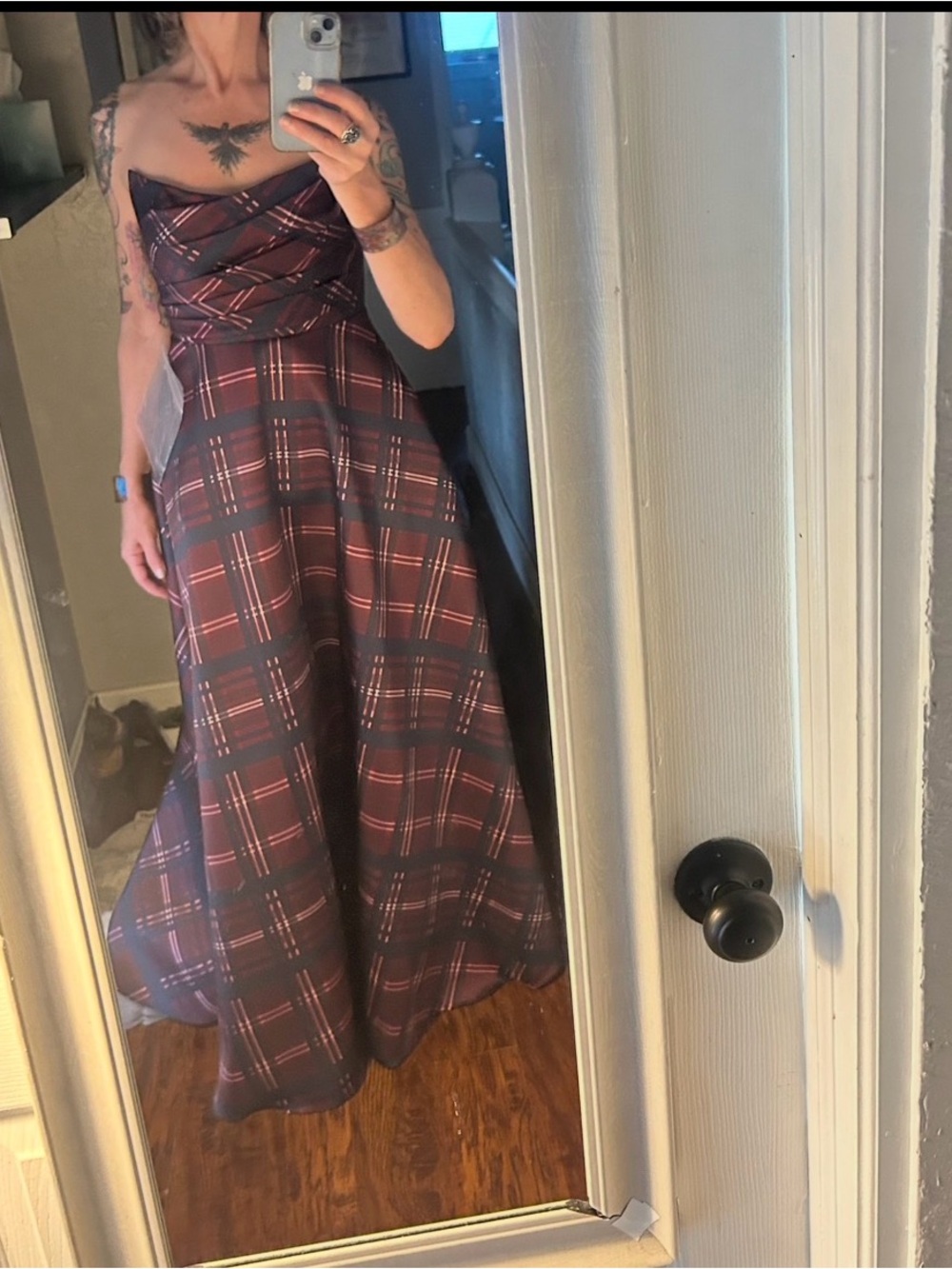 Plaid Strapless Maxi Dress in Burgundy and midnight blue
